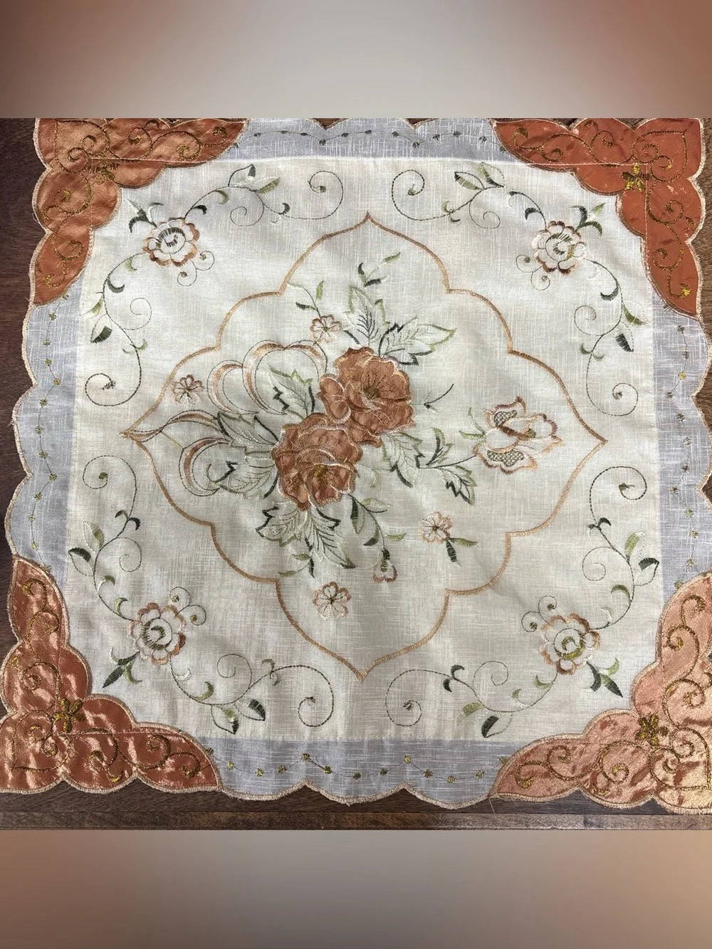Embroidered Floral Pillow Cover - Cream with Rust Accent